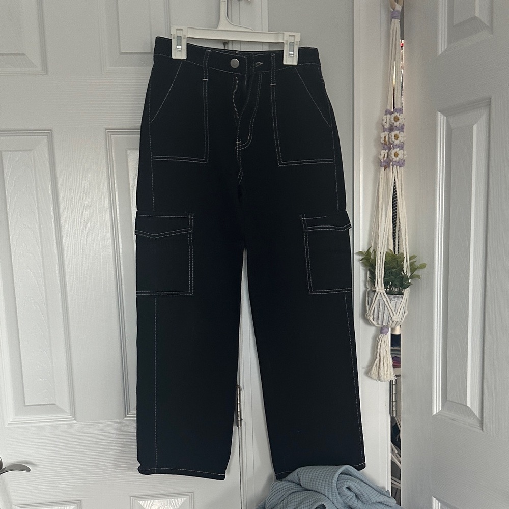 Black Cargo Pants with White Stitching